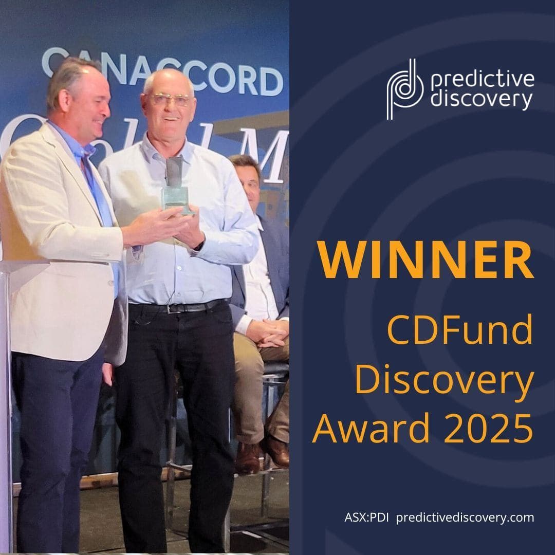 Predictive Discovery is extremely proud to have been awarded the 2025 CDFund Discovery Award at the Global Metals & Mining Conference in Las Vegas. image
